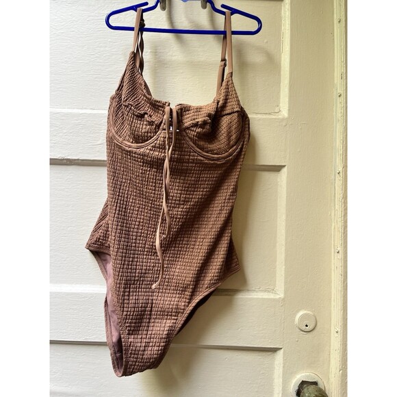 Time And Tru Chcolate Mousse Smocked Tie Front Swimsuit Adjustable Strap Medium - Picture 1 of 11